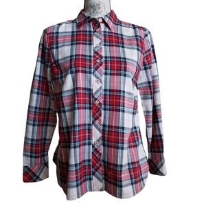 Talbots Small Petite Red Plaid Tartan Metallic Button Shirt L/S Holiday Sparkle
